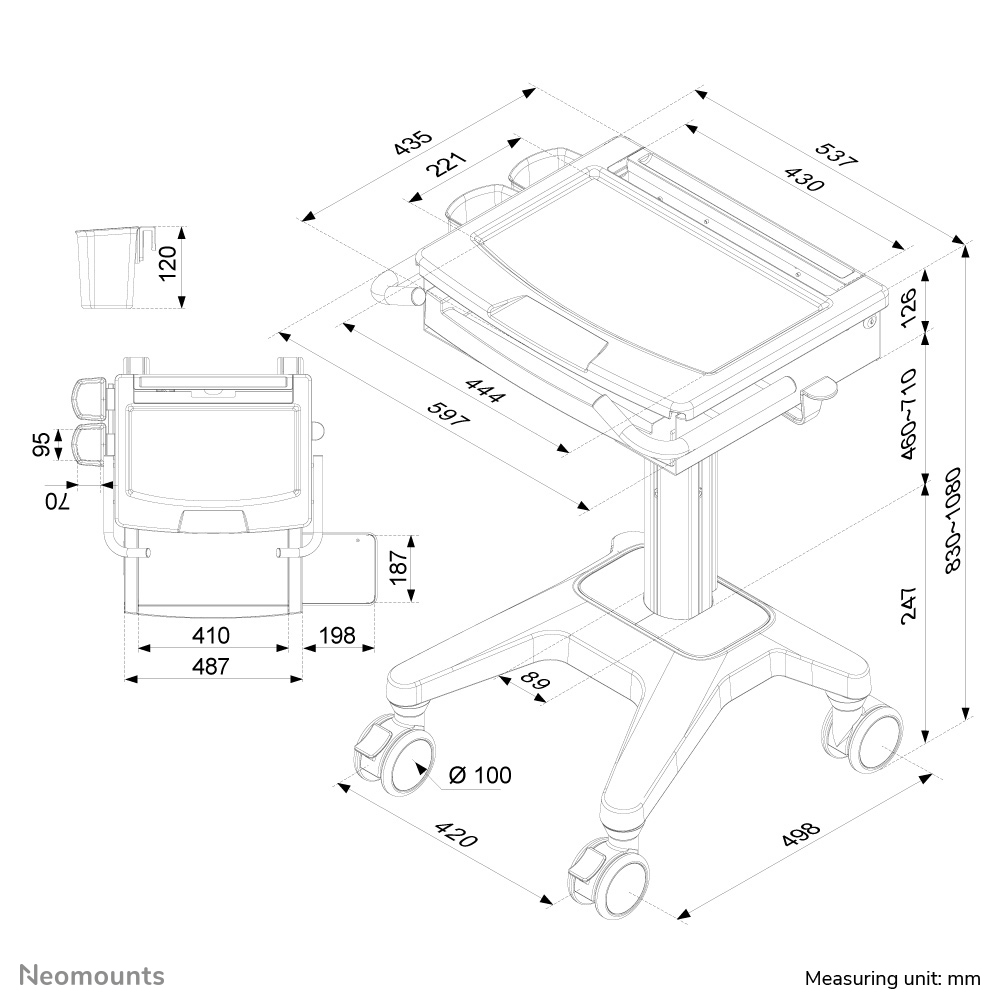 Neomounts MED-M200 Medisch mobiel werkstation 10-17" - gasveer - vergrendelbaar